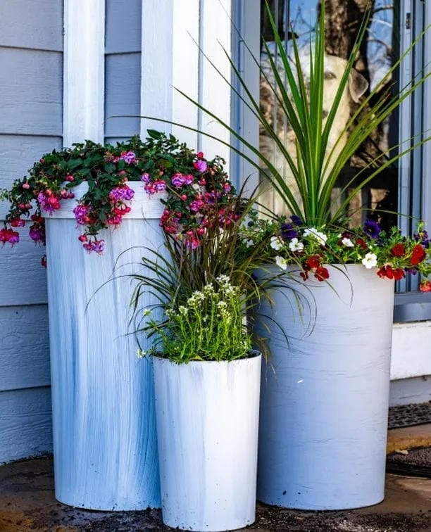 tall outdoor planter ideas with mix white cylinder planters by the door