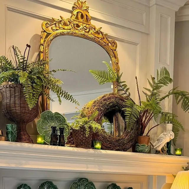 summer mantel decor ideas with use ferns with a vintage gold mirror