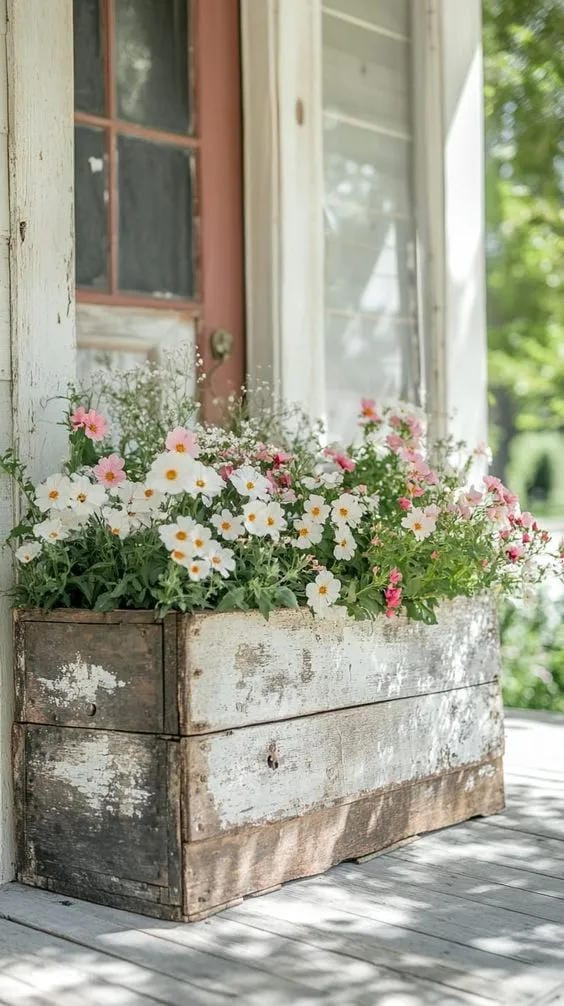 front porch planter with rustic metal window box white daisies and pink flowers