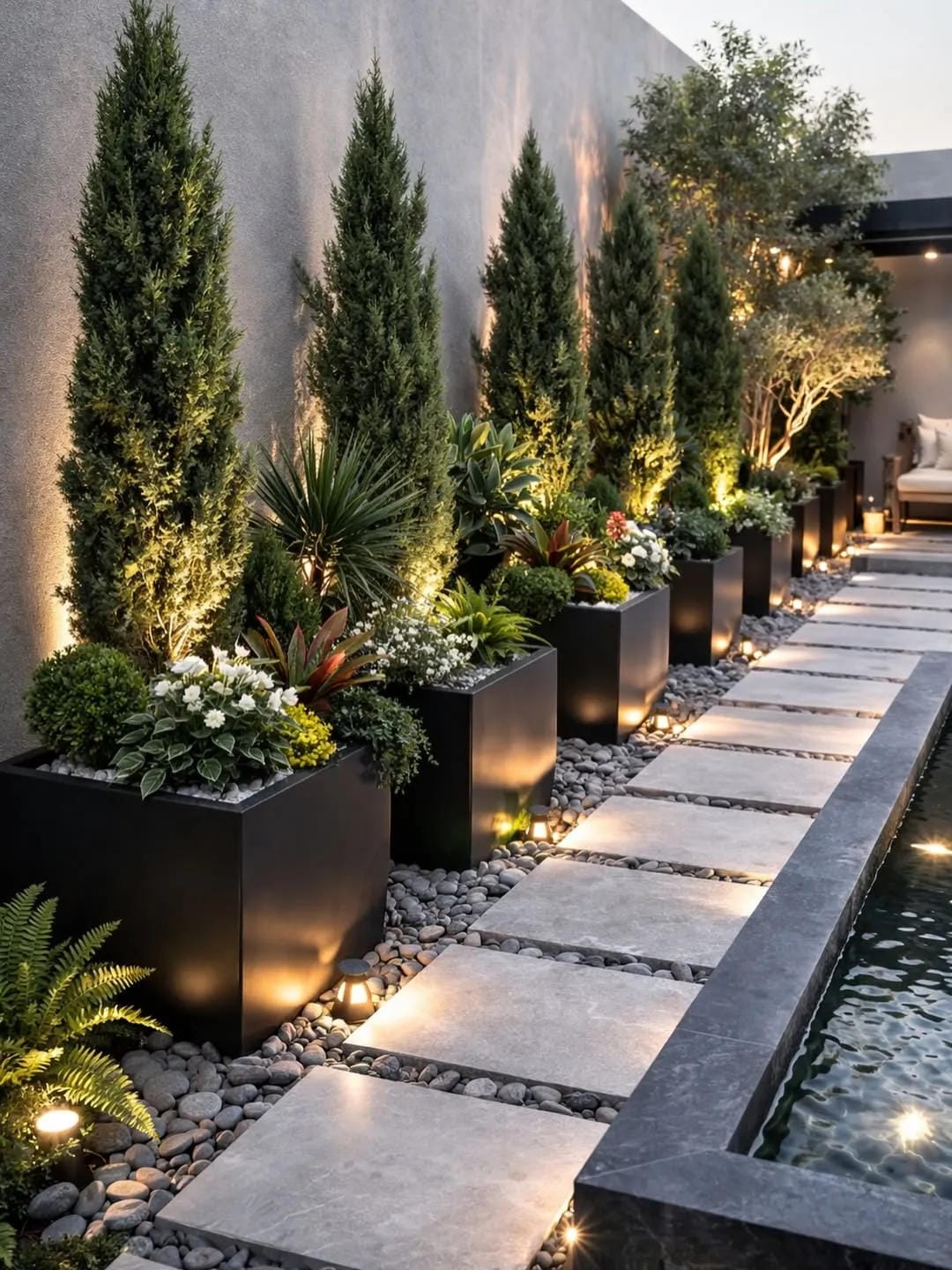 tall outdoor planter ideas with line a walkway with modern black planters