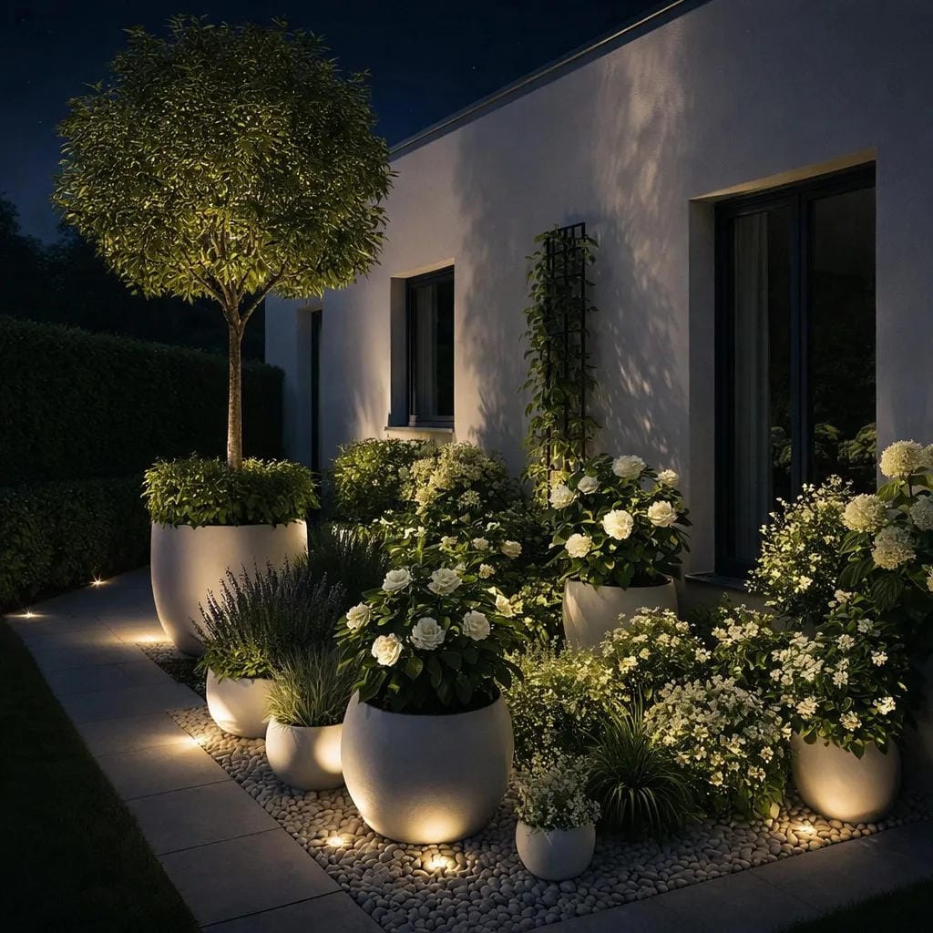 tall outdoor planter ideas with use round white pots with topiary trees