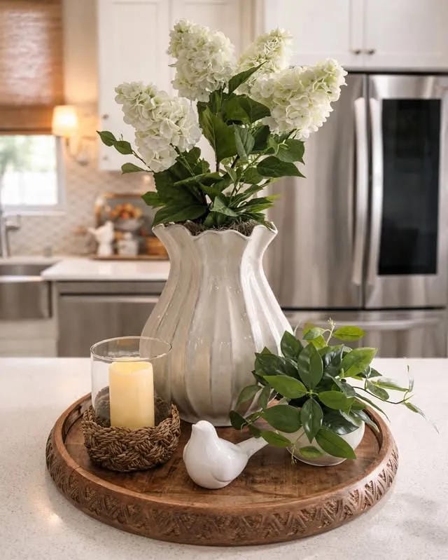kitchen island decor ideas with round tray white pitcher flowers candle and greenery