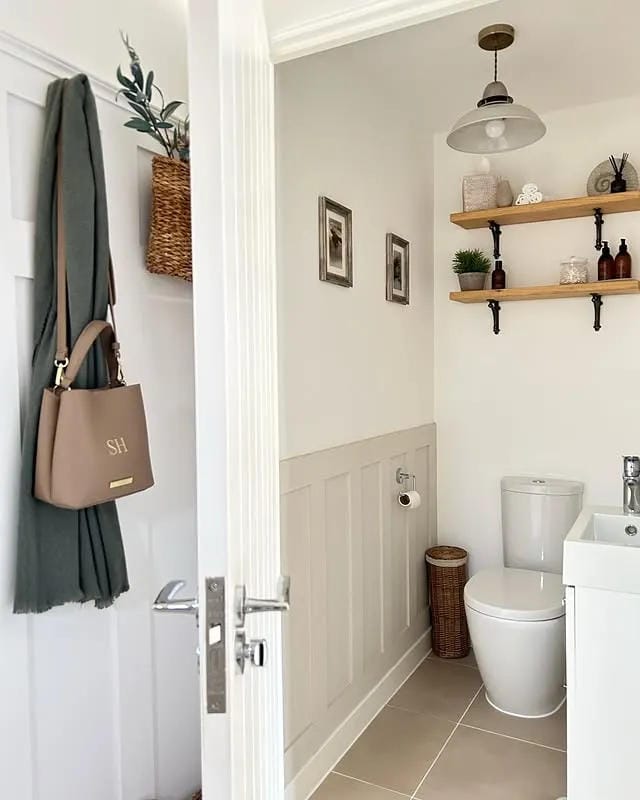 bathroom shelf decor ideas with simple open shelves plants bottles hooks and neutral bathroom