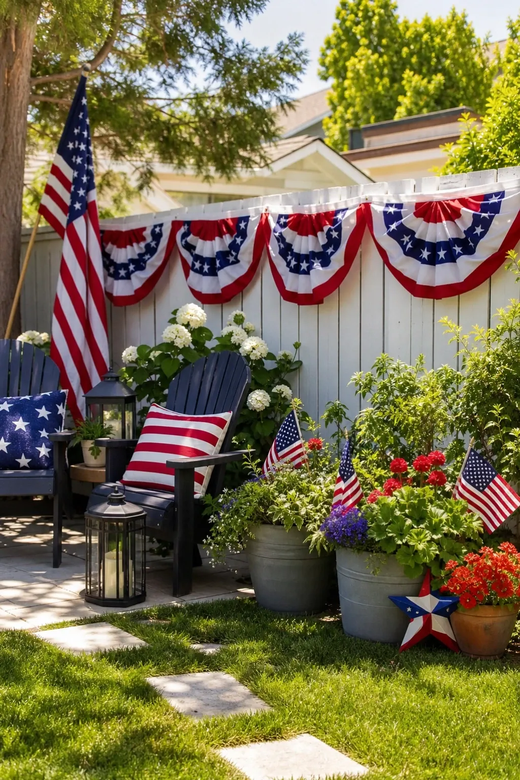 4th of July backyard party idea with red white and blue party decor