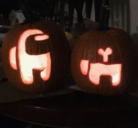 kid friendly pumpkin carving ideas with Among Us pumpkins, simple character cutouts, glowing visors, and game inspired design