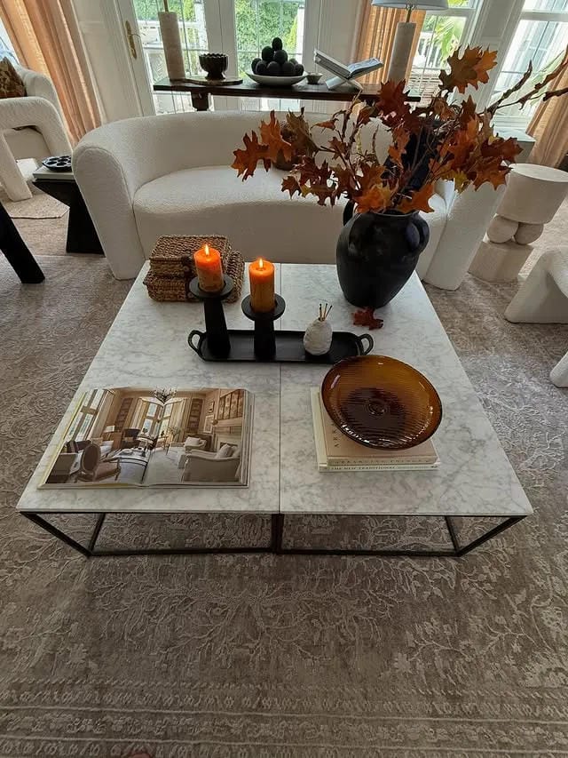 coffee table decor ideas with fall stems black vase candles books and marble coffee table
