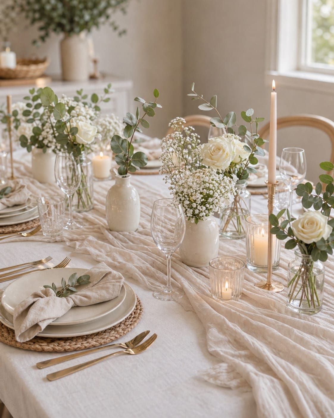 neutral baby shower table decor with baby breath and taper candles