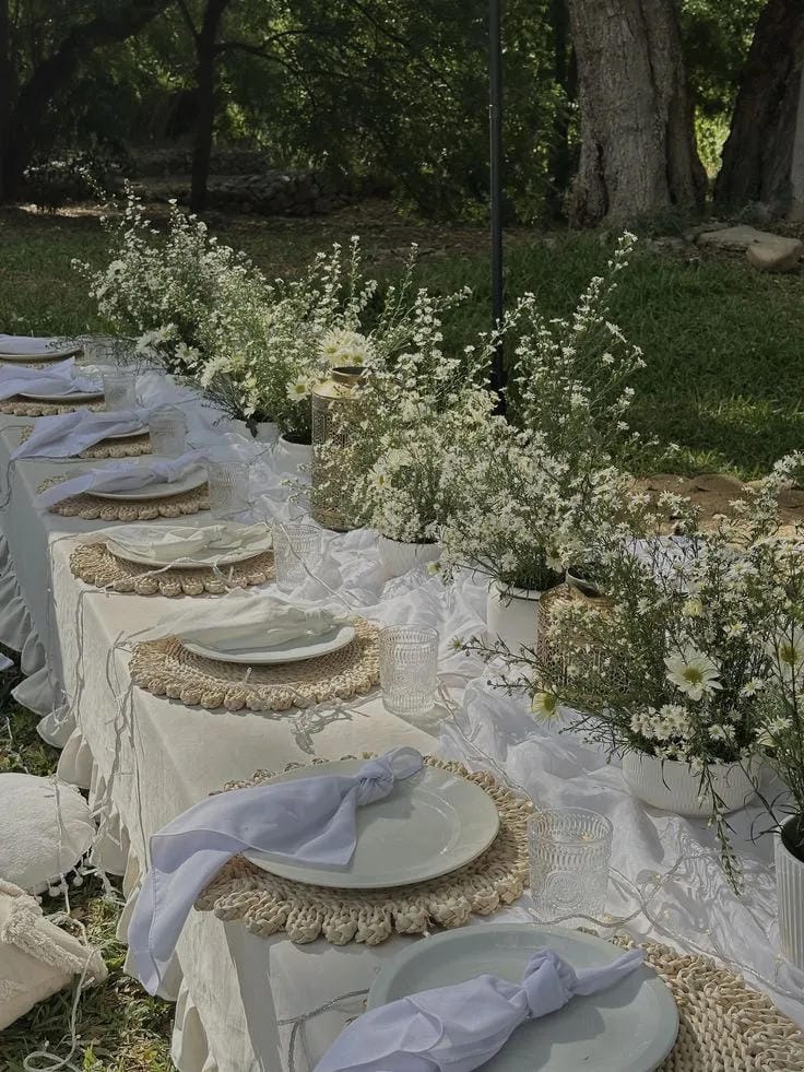 garden bridal shower table setup with flowers and candles