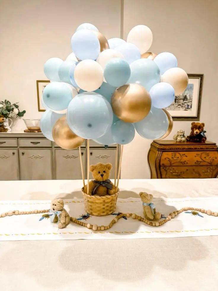 boy baby shower blue and gold balloon centerpiece