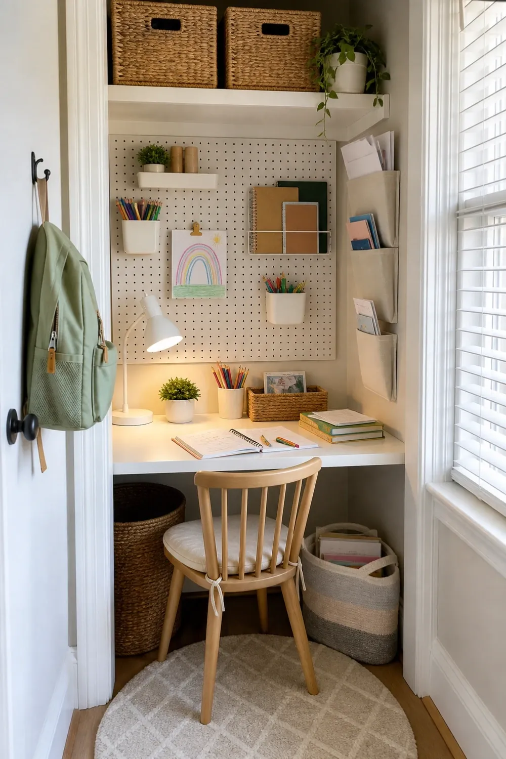 small homeschool station with storage bins