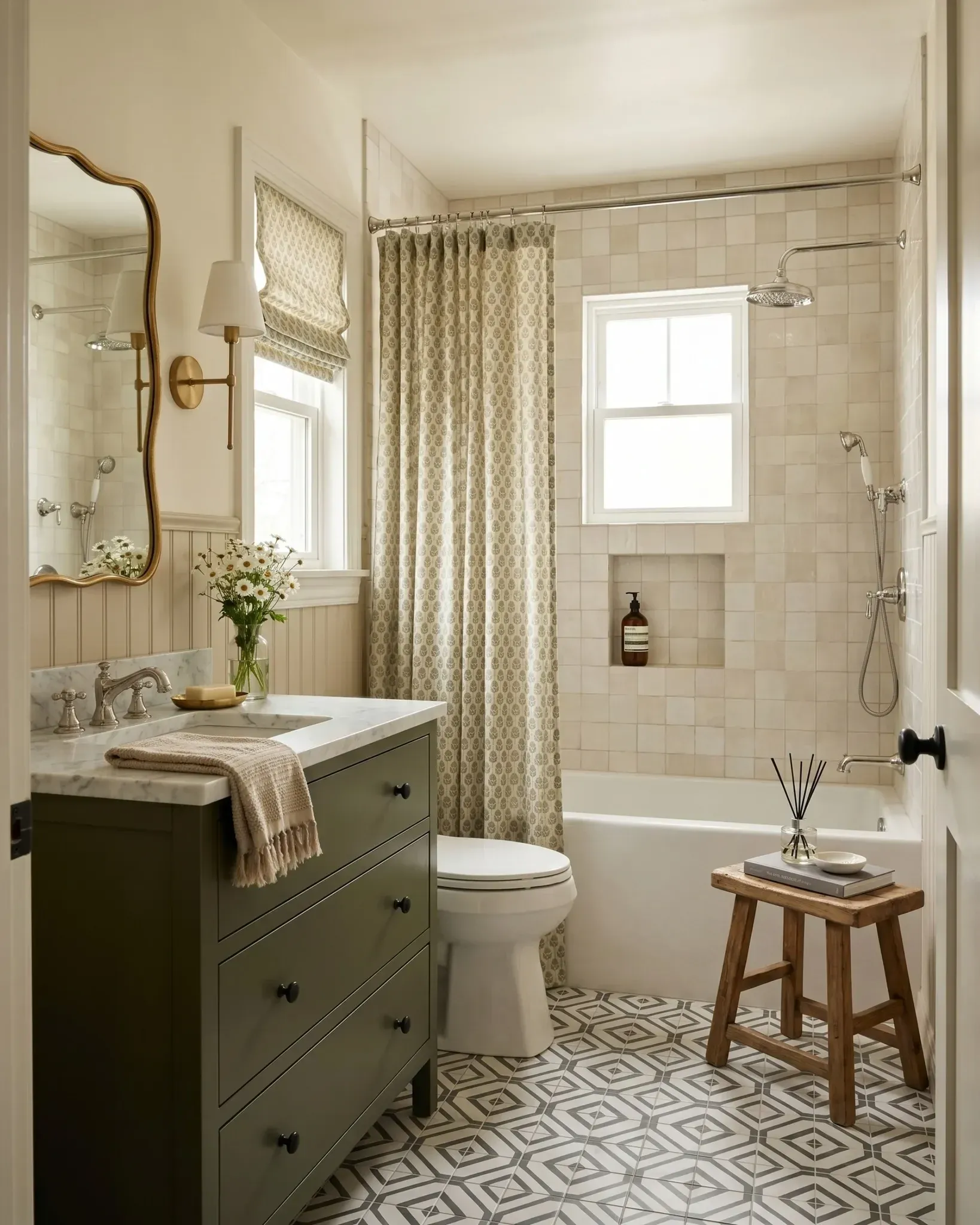 old world vintage home decor ideas with vintage vanity, mirror, stool, and soft bathroom light
