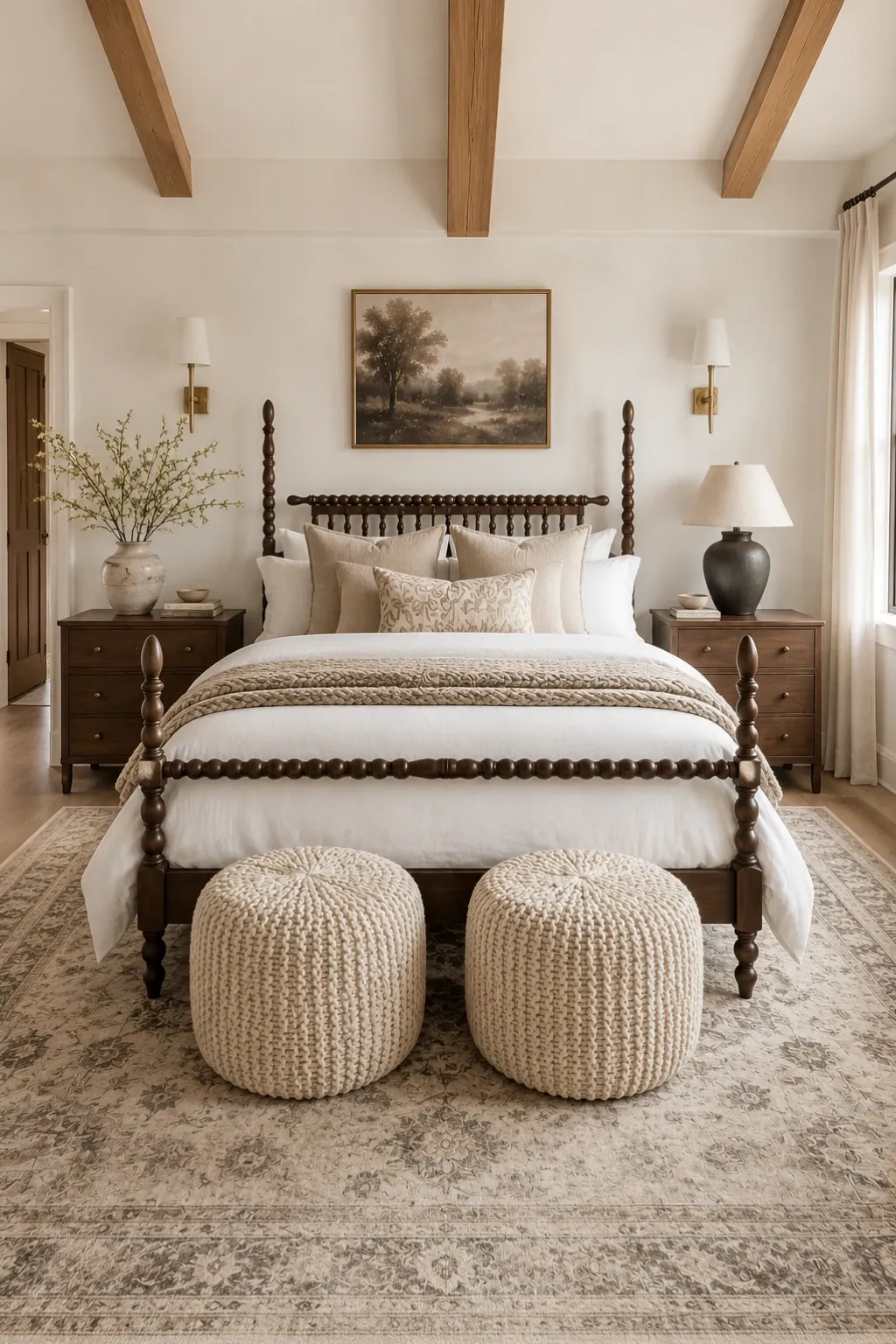 dark boho bedroom ideas with poufs at end of bed, neutral bedding, dark pillows, wall art, and natural textures
