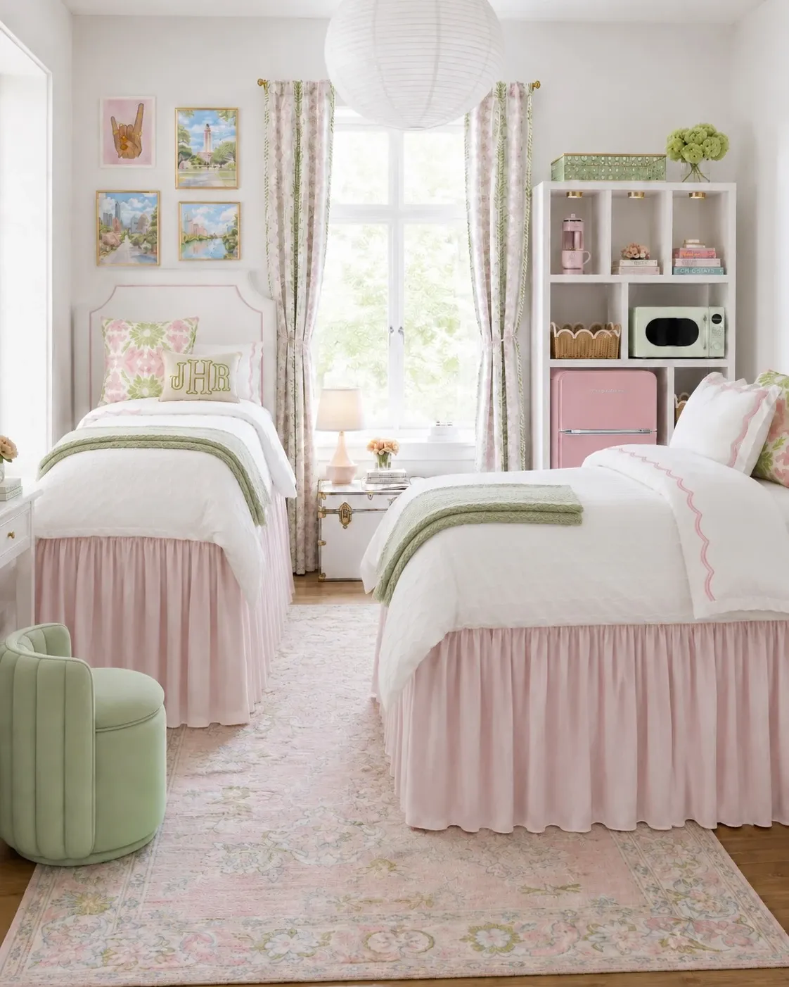 pink and green dorm room ideas with pink bed skirts green blankets and wall art