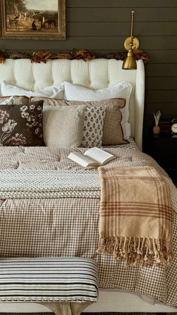 fall bedding idea with layered bedding and bedroom decor