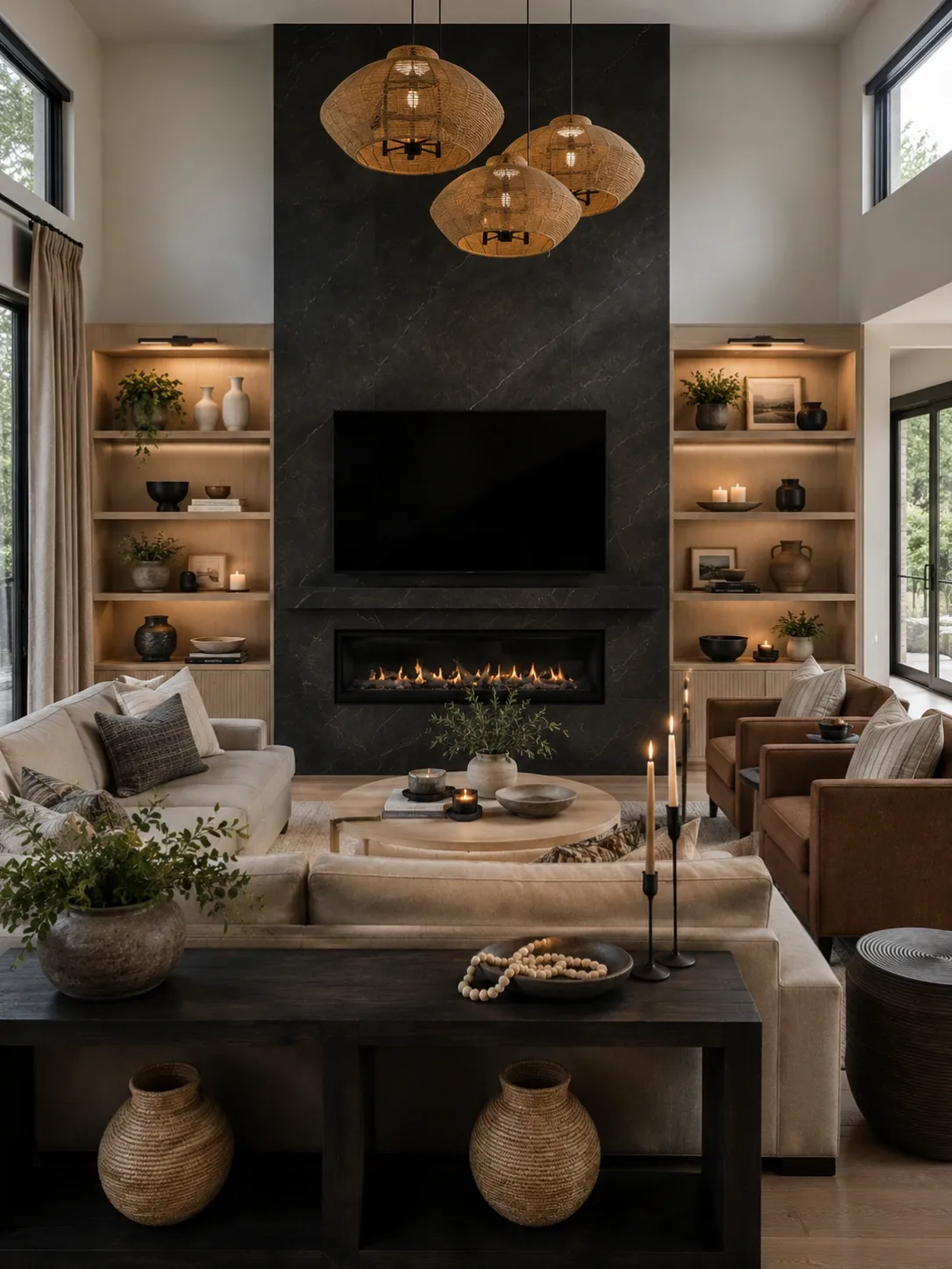 moody living room ideas with black fireplace wall, woven pendants, open shelves, and neutral seating