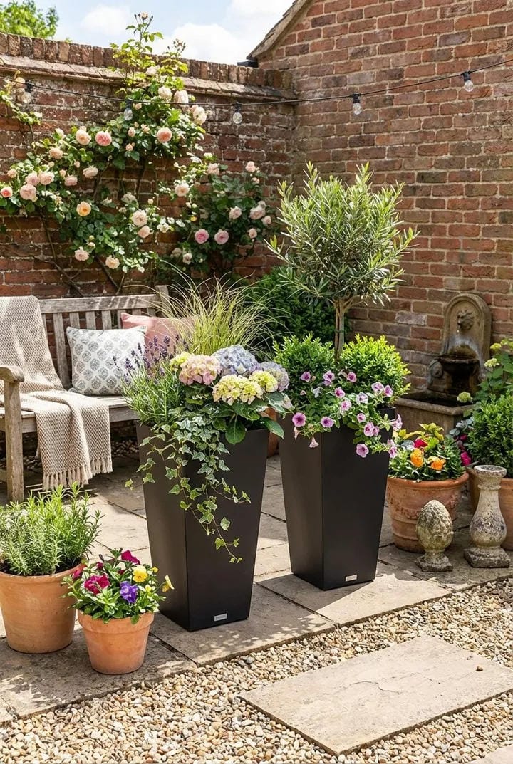 tall outdoor planter ideas with group black planters with mixed flowers