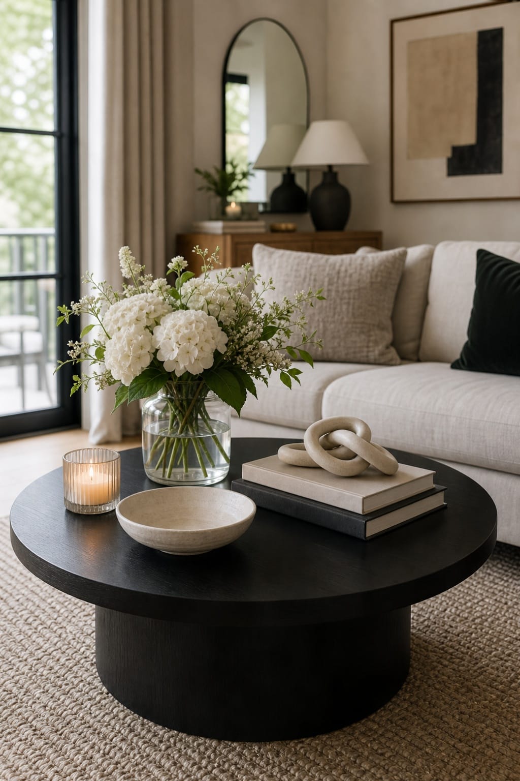 light summer coffee table decor with cozy living room styling