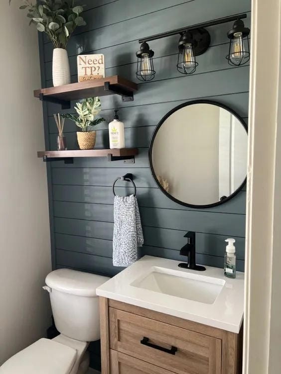bathroom shelf decor ideas with black shelves wall hooks round mirror plants and blue shiplap