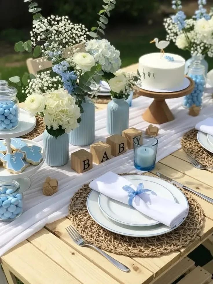 boy baby shower table decor with baby blocks and blue vases
