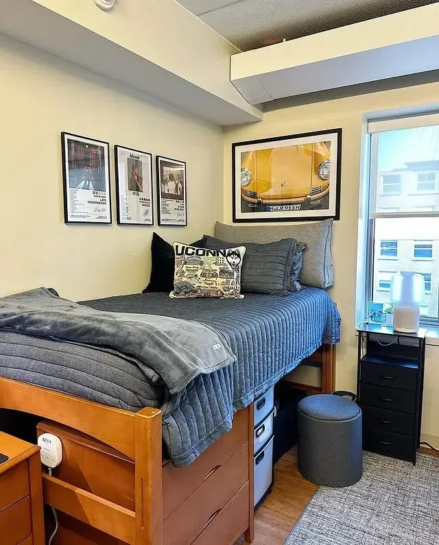 dorm decorating ideas for guys with blue bedding, framed wall art, ottoman, rug, and nightstand