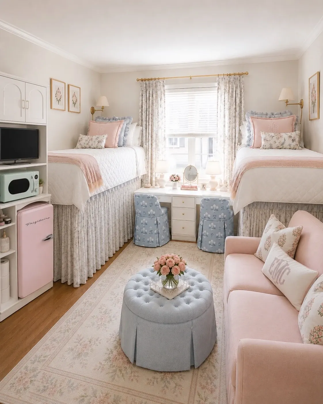 pink and blue dorm room ideas with blue ottomans, pink sofa, matching dorm beds, white curtains, and pastel decor