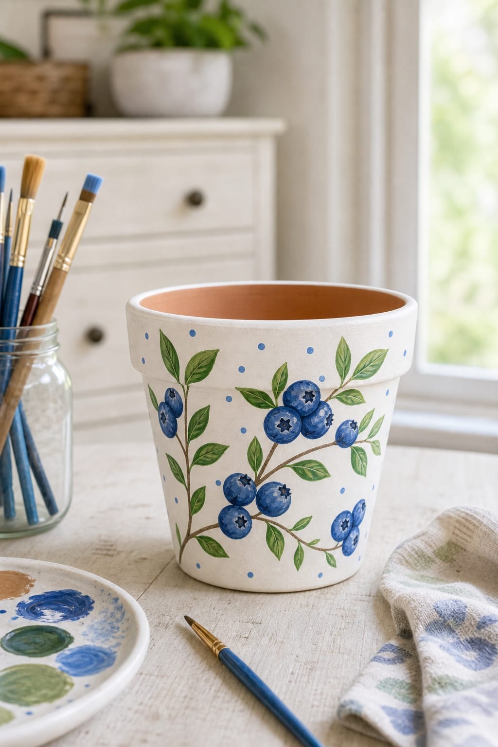 painted flower pot with blue berries green leaves and white floral details