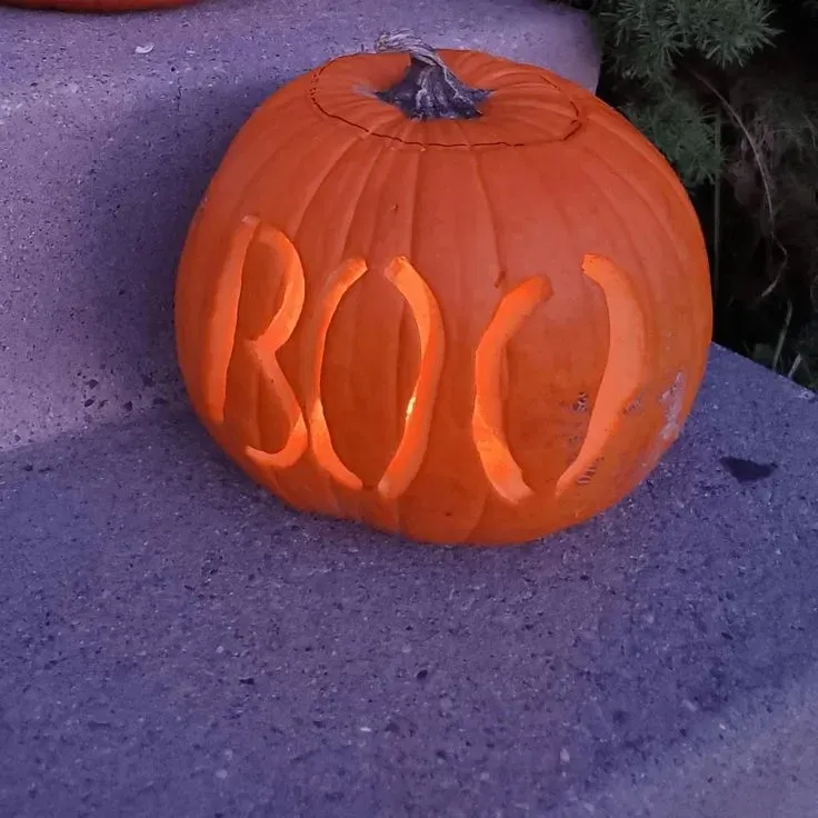 kid friendly pumpkin carving ideas with boo carved into pumpkin, simple Halloween word design