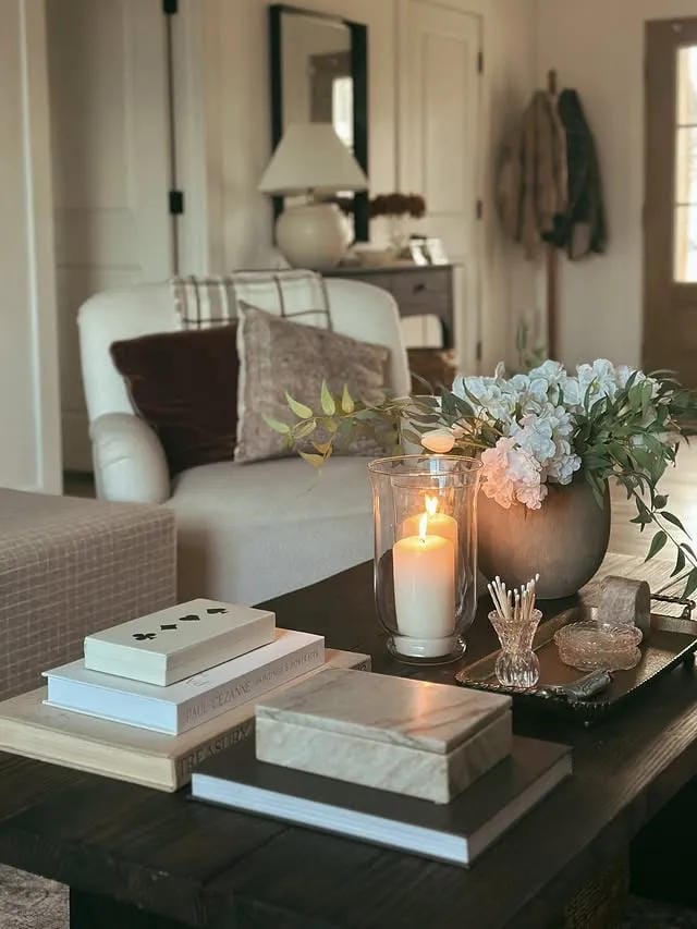 summer coffee table decor idea with light airy accessories