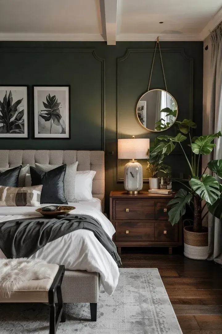 dark boho bedroom ideas with botanical prints, green wall, wood nightstand, pendant light, plants, and layered bedding