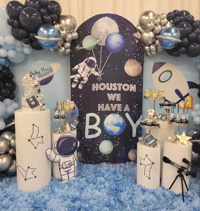 space themed boy baby shower backdrop
