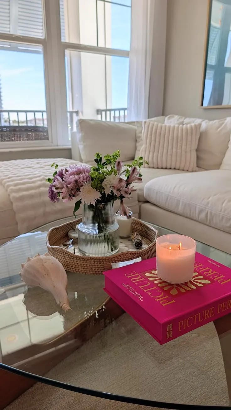 coffee table decor ideas with glass coffee table pink book candle flowers and cozy sofa