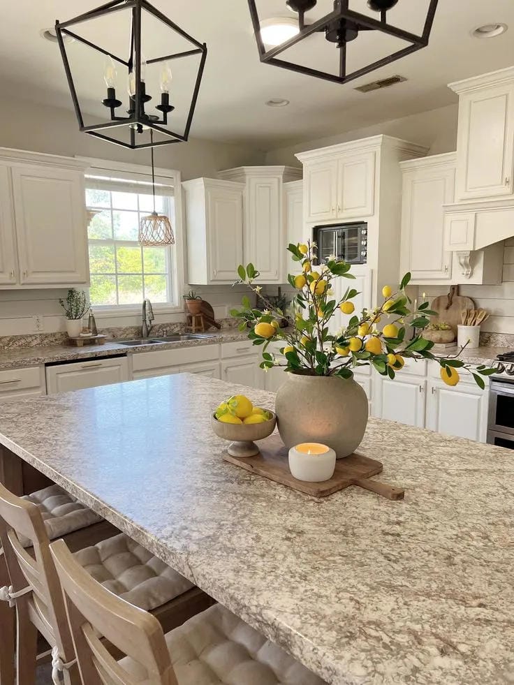 kitchen island decor ideas with large flower vase lemons and wood tray