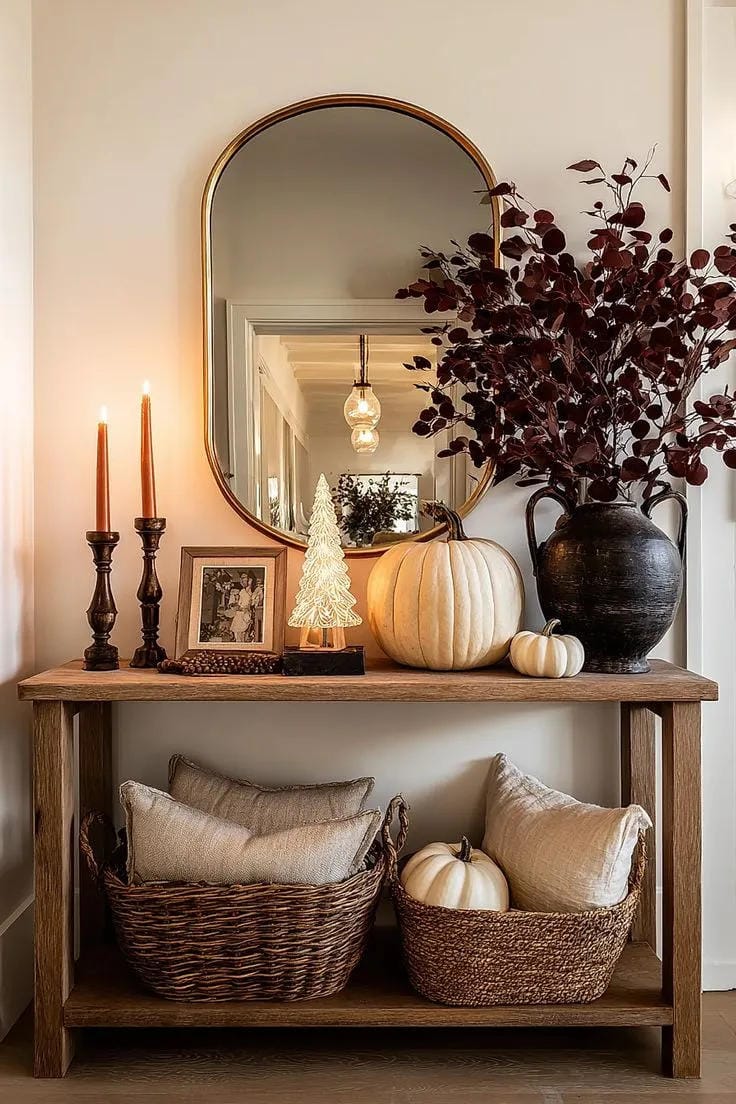 fall entryway table decor ideas with black candlesticks, dark autumn branches, pumpkins, lamp, mirror, baskets, and wood console