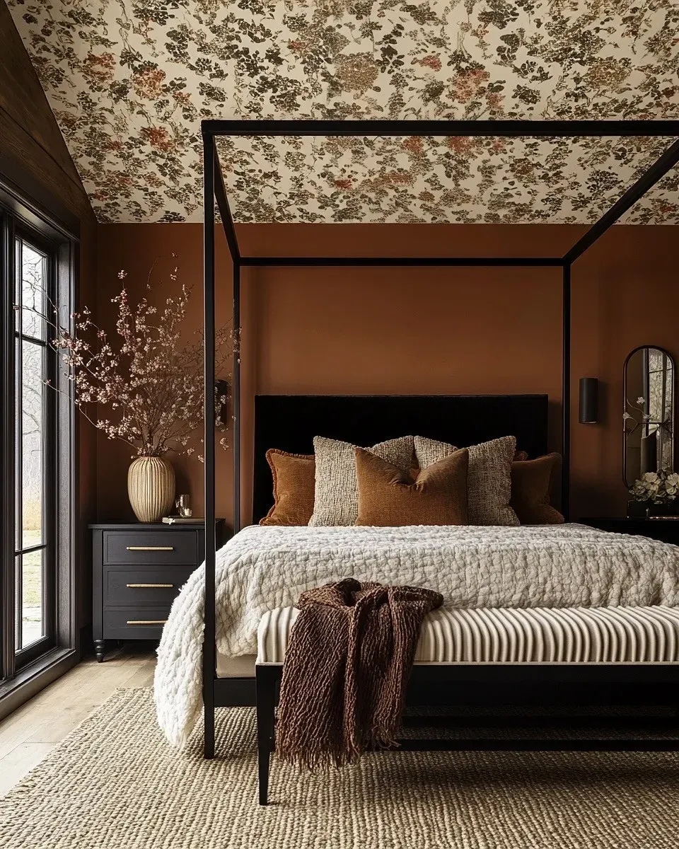 dark boho bedroom ideas with canopy bed, floral wallpaper, rust bedding, bench, and layered pillows