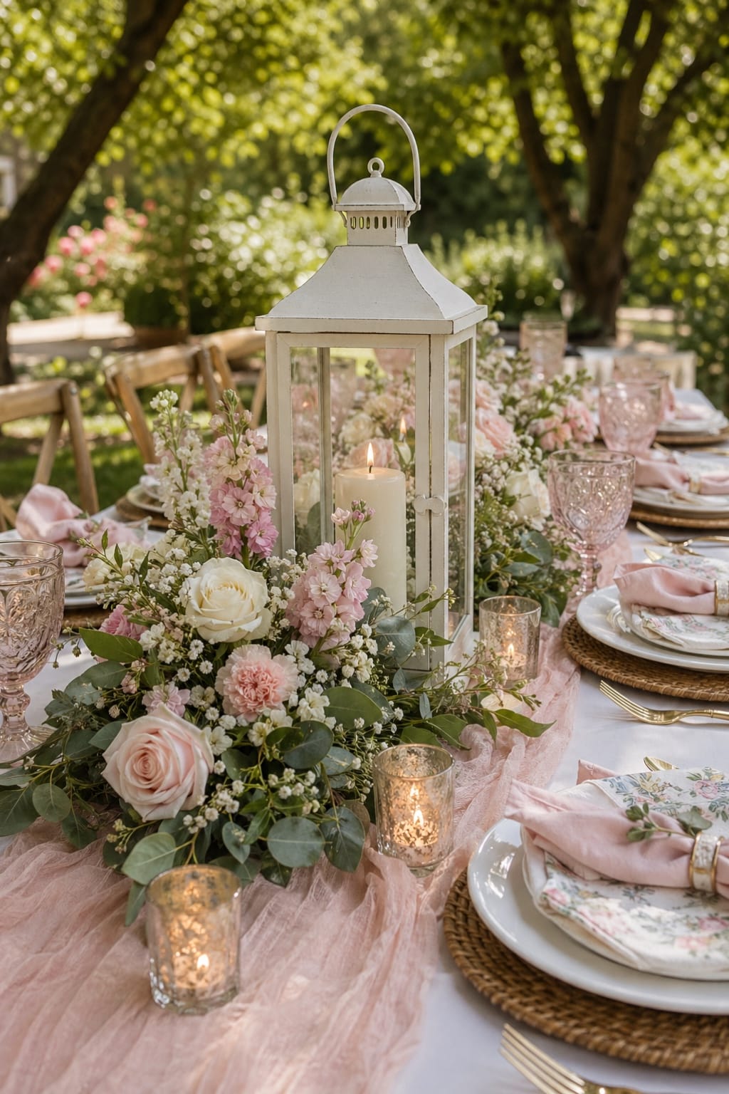 bridal shower white lantern centerpiece with pink flowers and candles