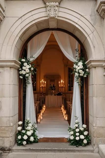 wedding aisle runner decor with candles and greenery