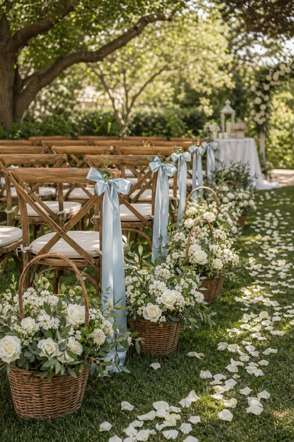 wedding aisle decor with chair bows flower petals and woven baskets