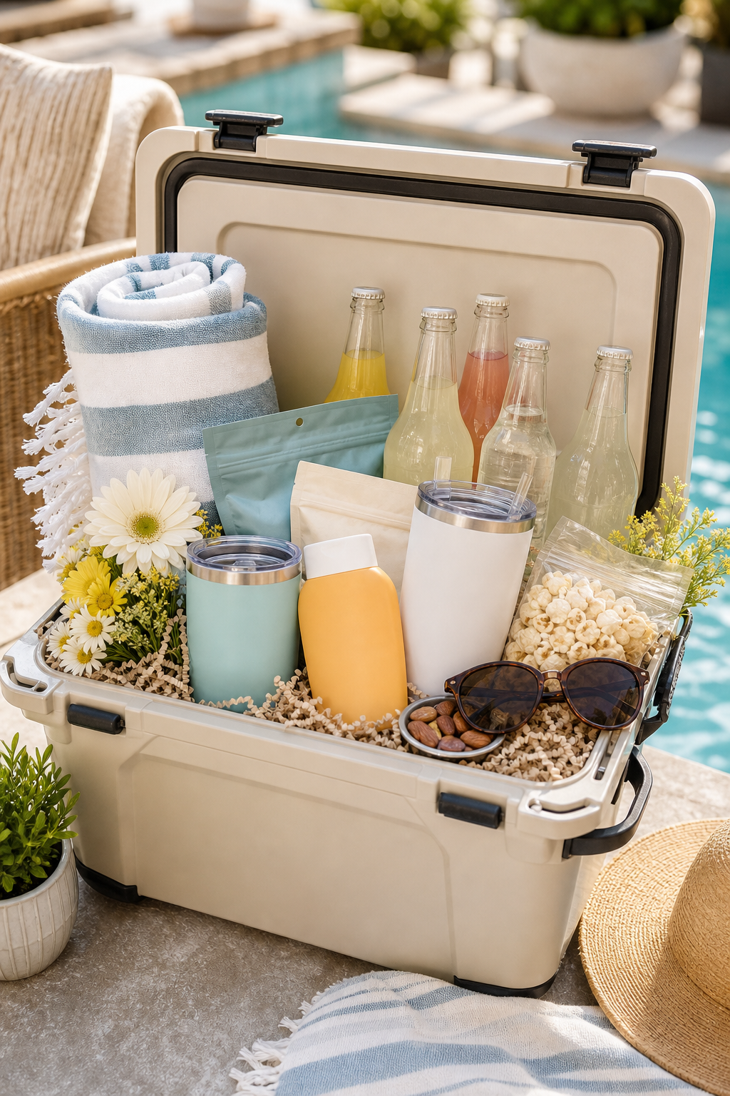 cooler gift basket with striped towels, tumblers, drink bottles, sunscreen, popcorn, sunglasses, and daisies by the pool