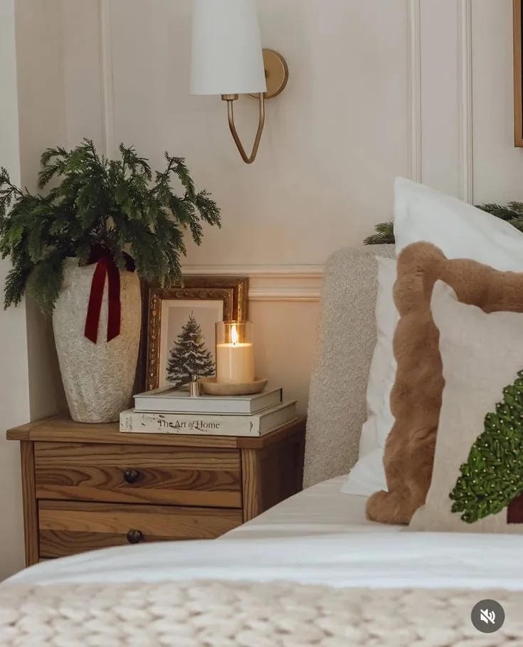 christmas nightstand decor ideas with candle greenery ribbon and small framed tree
