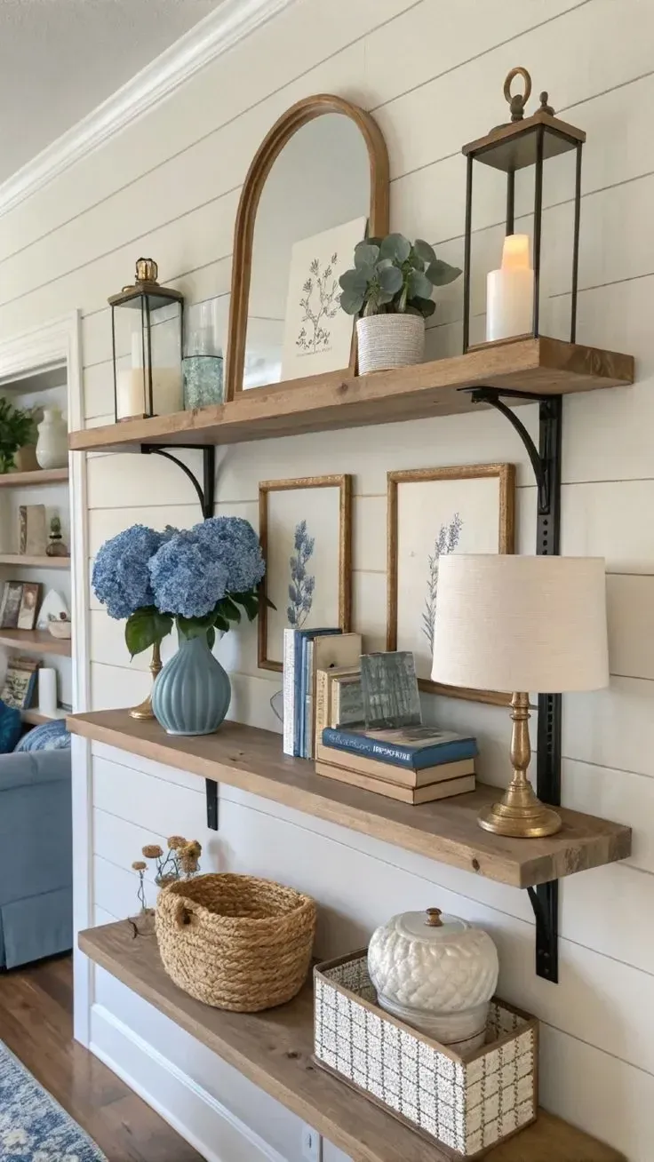 cozy coastal living room ideas with open shelves, blue decor, baskets, and natural wood