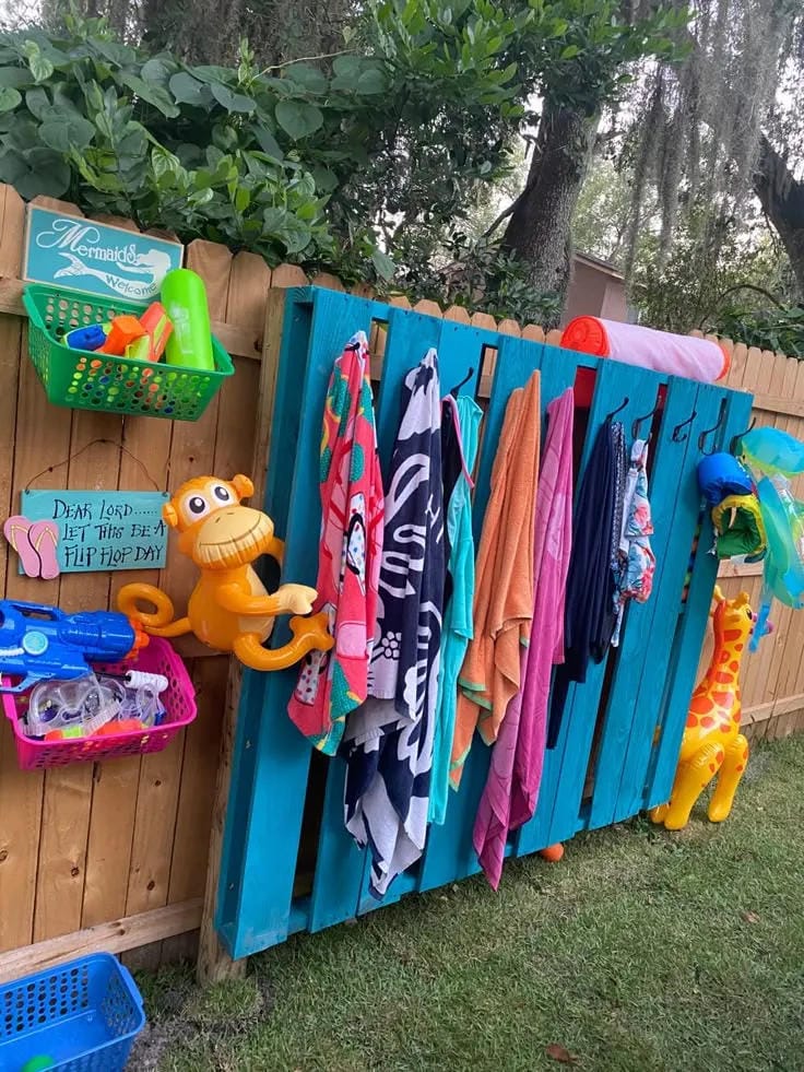 pool towel and float storage idea for a tidy deck