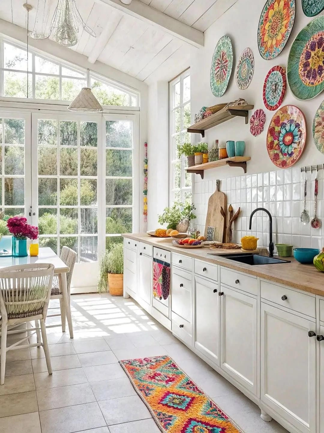 summer kitchen decor ideas with display colorful plates on the wall