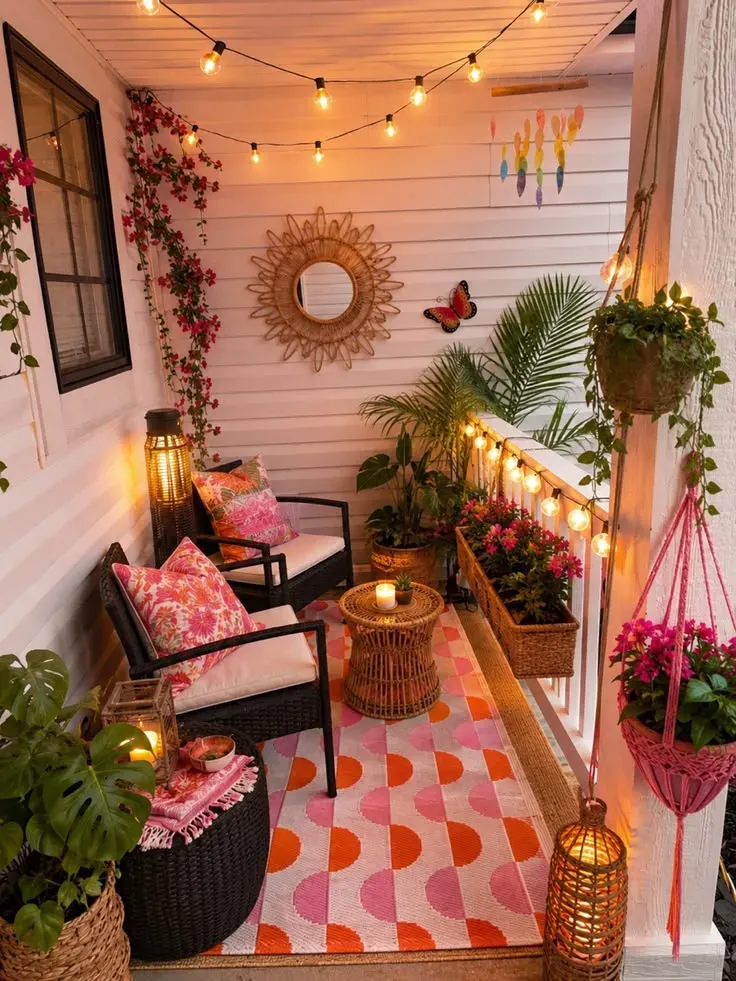 summer back porch decor ideas with colorful outdoor rug, black chairs, hanging plants, string lights, and lanterns