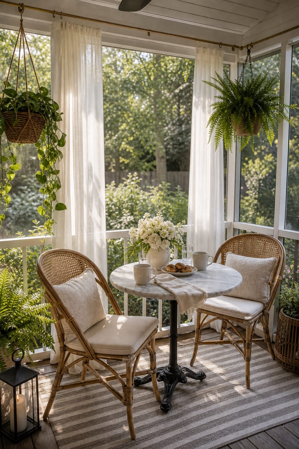 screened in porch decorating ideas with small dining table hanging ferns curtains and striped rug