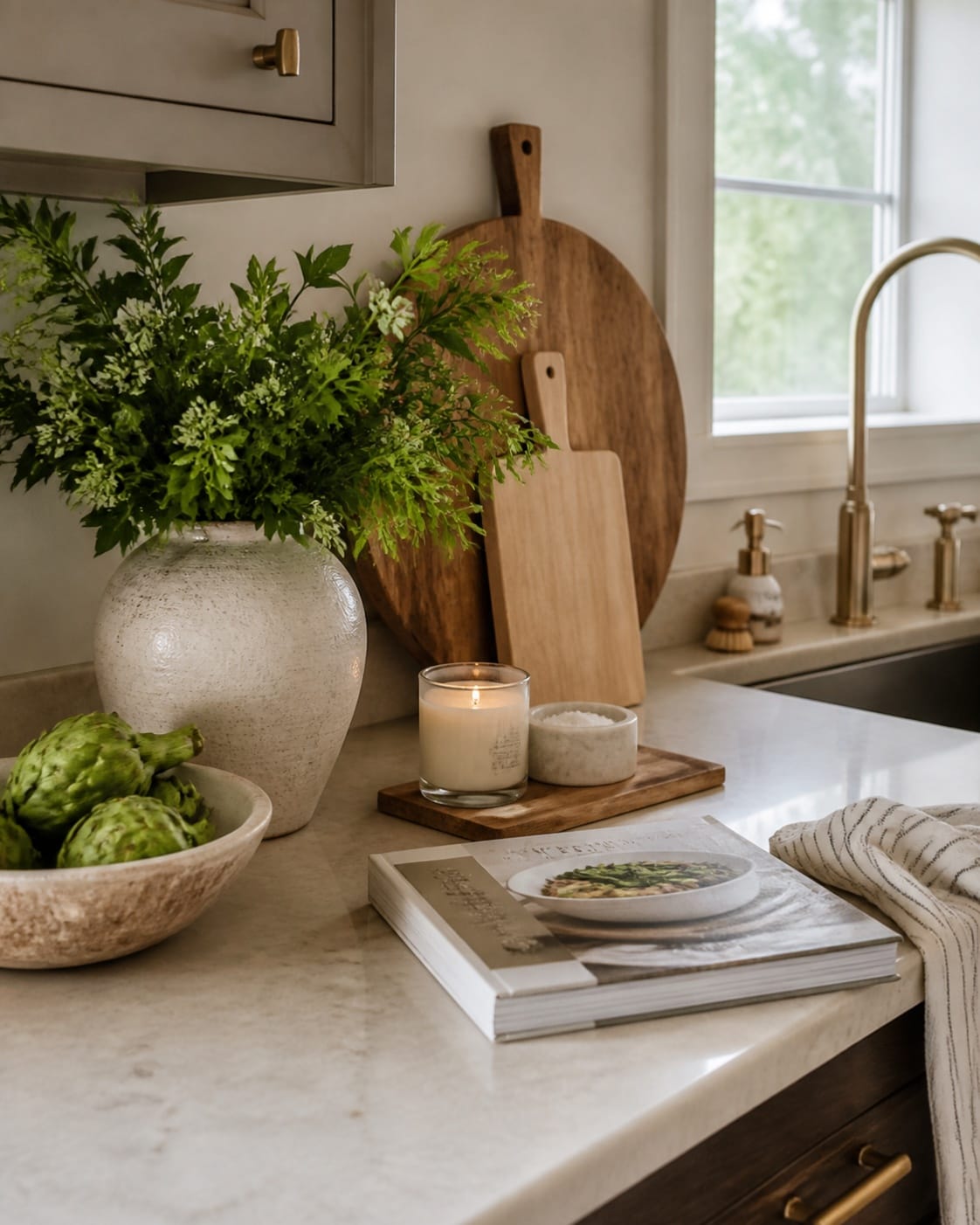 kitchen counter decor ideas with green branches artichokes cookbook candle and layered wood boards