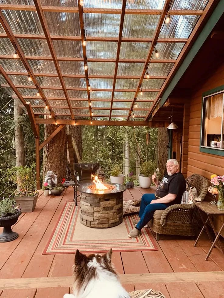 covered porch ideas with fire pit wood ceiling wicker chairs and outdoor rug