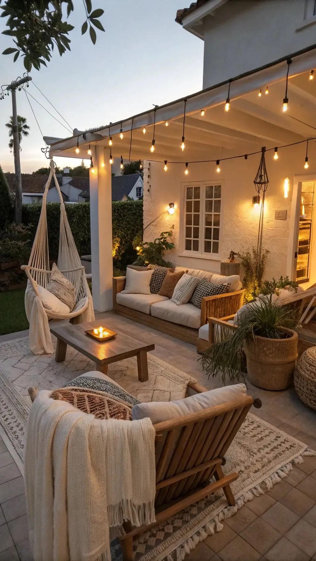 outdoor string light ideas with string lights across a covered porch
