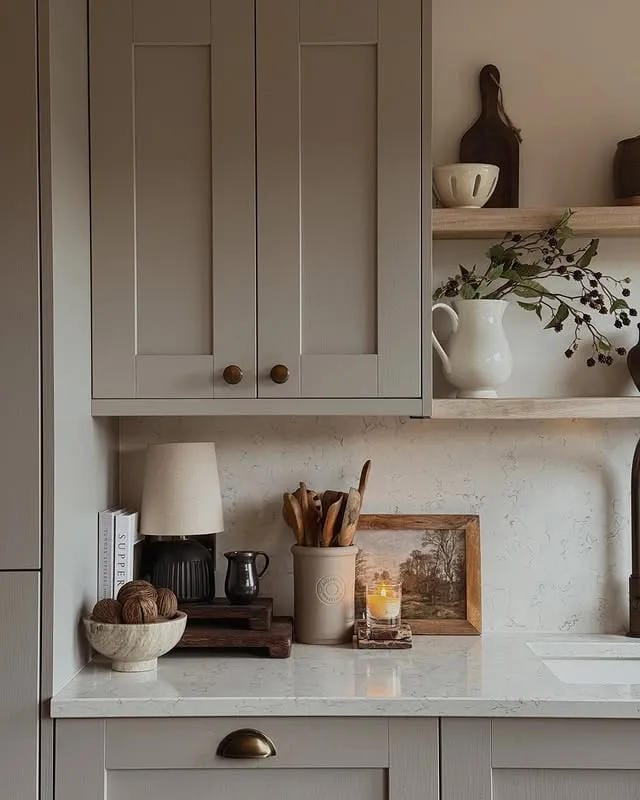 kitchen counter decor ideas with small lamp candle wood utensils and open shelf