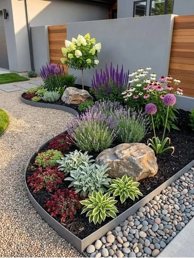 front yard landscaping with layered greenery
