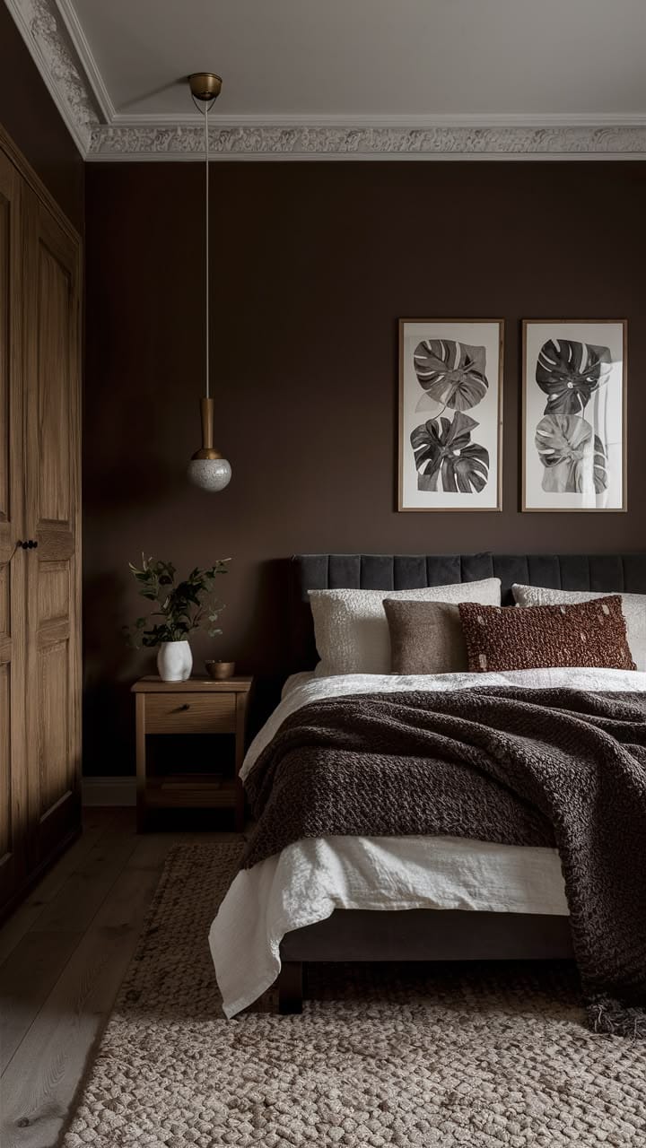 dark boho bedroom ideas with black accent wall, wood nightstand, brass lamp, white bedding, and gray curtains